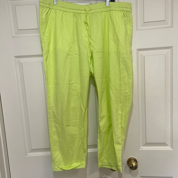 J. Crew Neon Lime Green Drawstring Tie Elastic Waist Linen Blend Cuffed Pants 18 - Picture 2 of 12